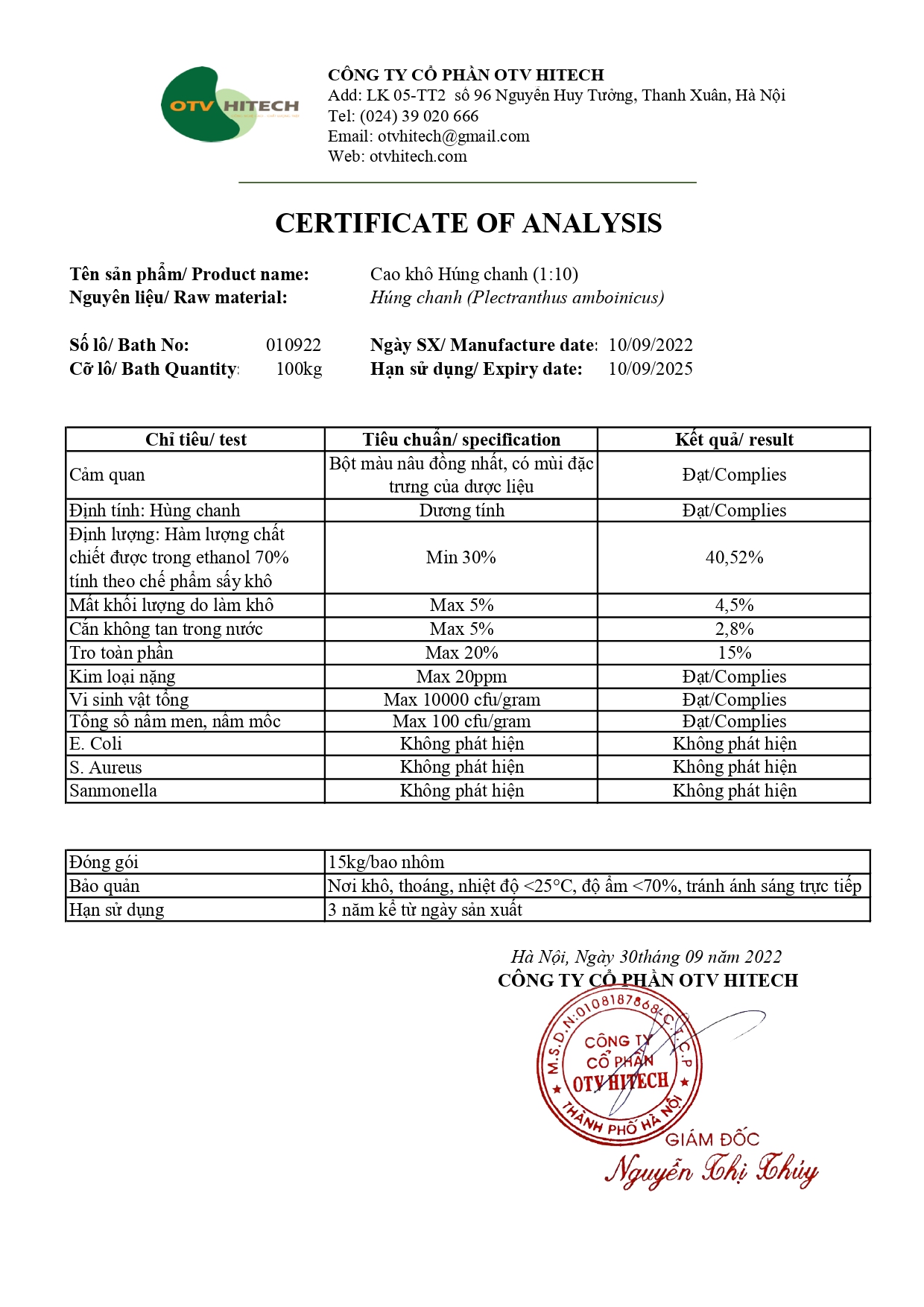 COA cao khô Húng Chanh OTV