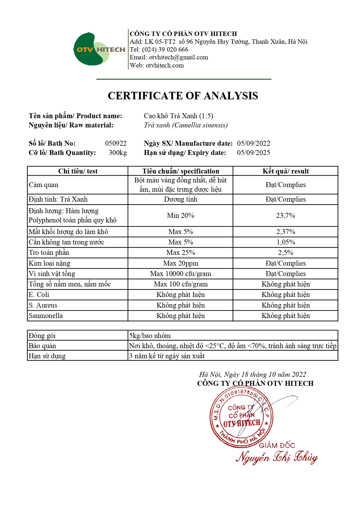 COA cao khô Trà Xanh OTV